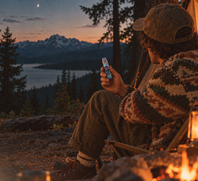 Camper relaxing beside a mountain lake at twilight