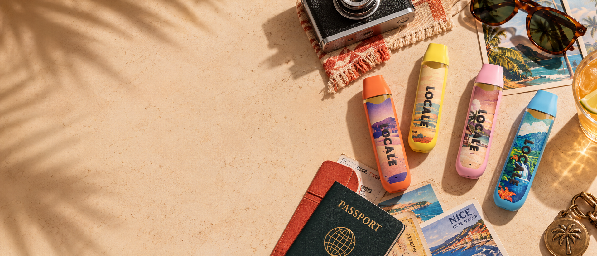 Locale vapes on a sunny travel flat-lay with a camera, passport and postcards