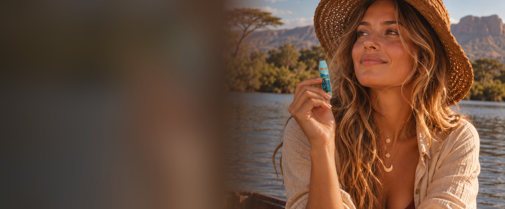 Wide-format Malawi Gold travel lifestyle composition with open space for retailer information